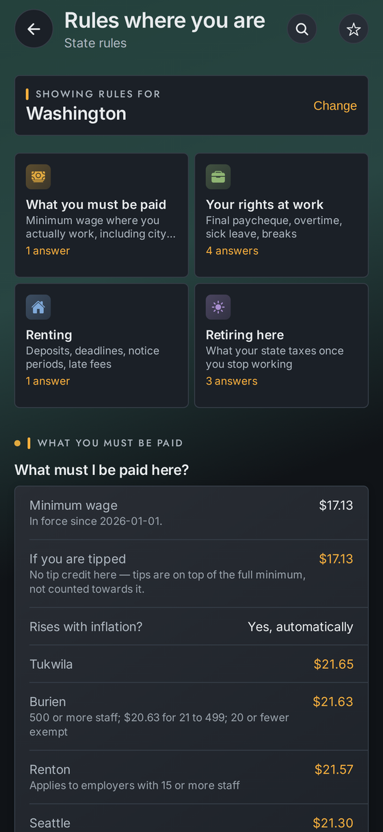 The rules-where-you-are screen showing a state minimum wage and its source