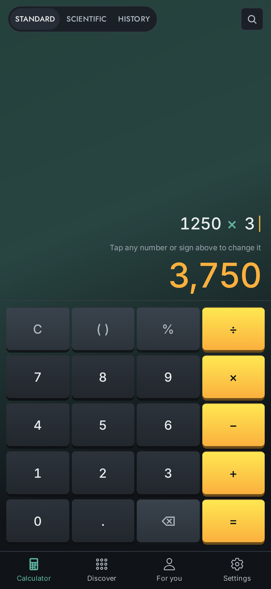 The editable calculator keypad with the tape of past results