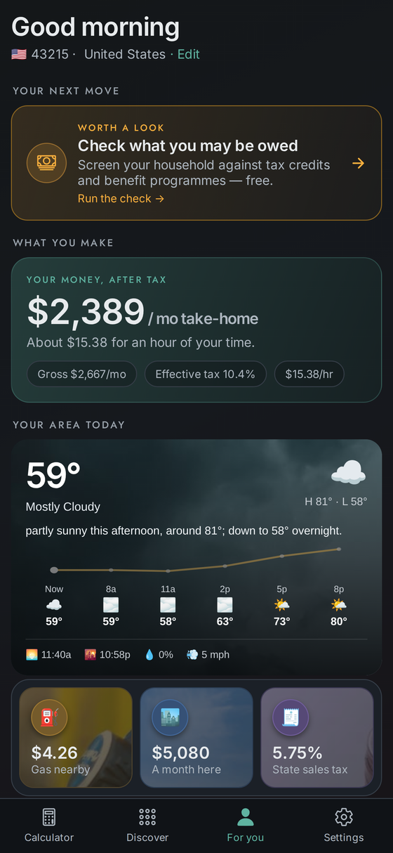 The For-you screen: the money dates coming up, your next move, and prices where you live